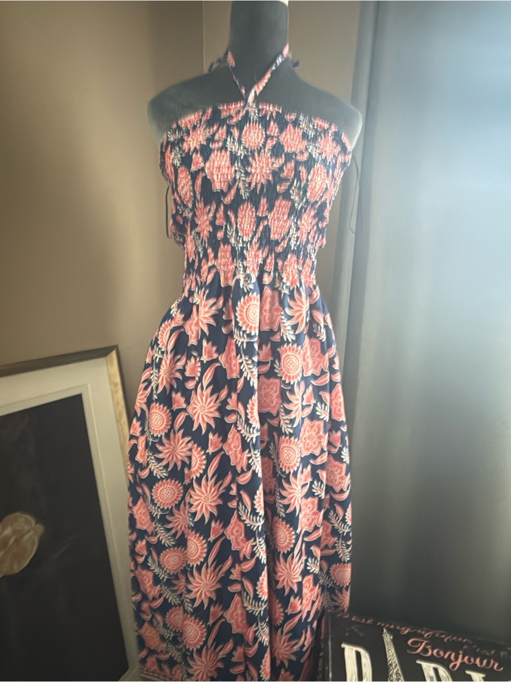 Smocked Navy Maxi Dress with Coral Floral Print